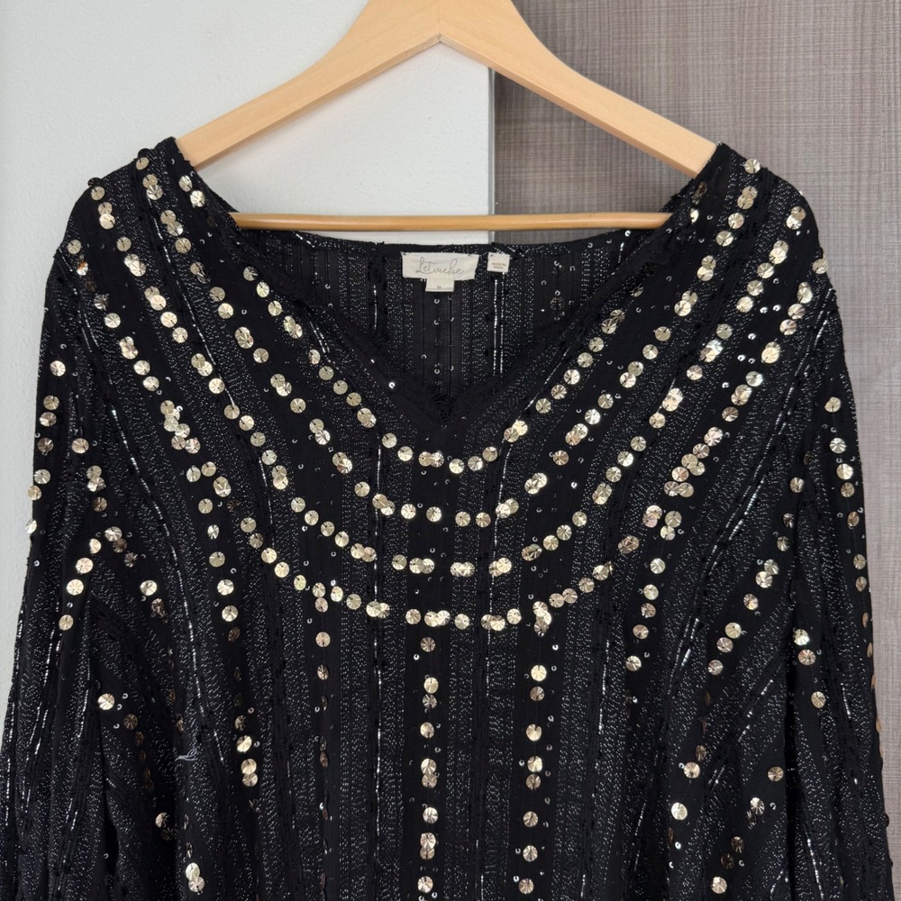 Anthropologie Let Me Be Black Gold Sequin Embellished Lace V Neck Blouse Medium - Picture 12 of 15